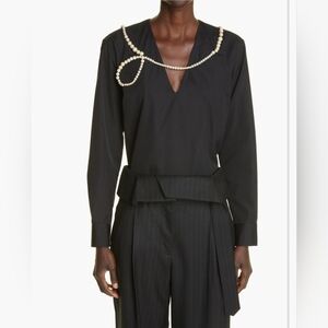 DRIES VAN NOTEN Campo Imitation Pearl Embellished Poplin Top FR 36 US 4 Org $920
